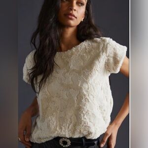 MAEVE @ ANTHROPOLOGIE Faux Fur Short Sleeve Tee, Cream, Size Large NWT